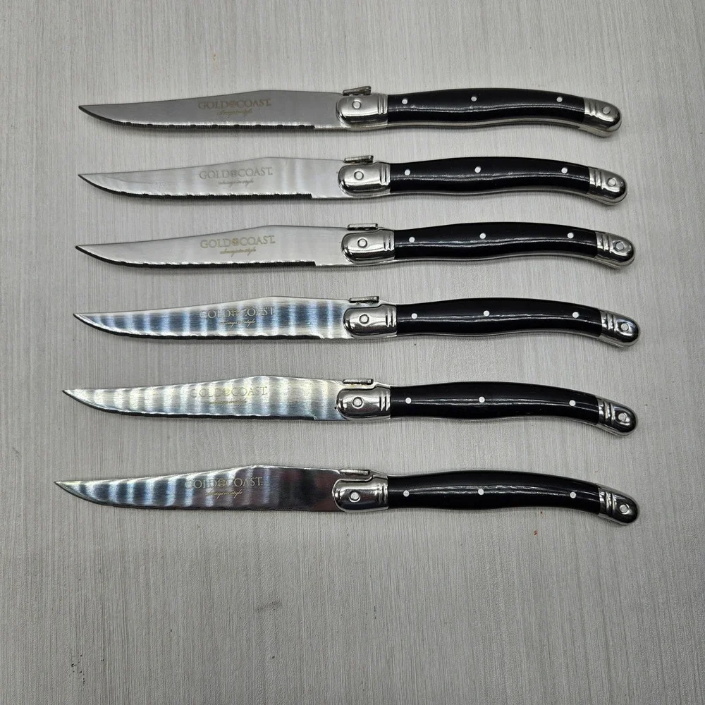 Gold Coast Steak Knife Set 6 Piece Black Handle Stainless Steel Serrated 9 inch